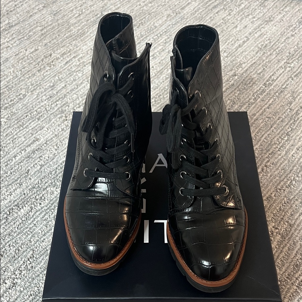 Naturalizer Black Croc-Embossed Lace-Up Boots